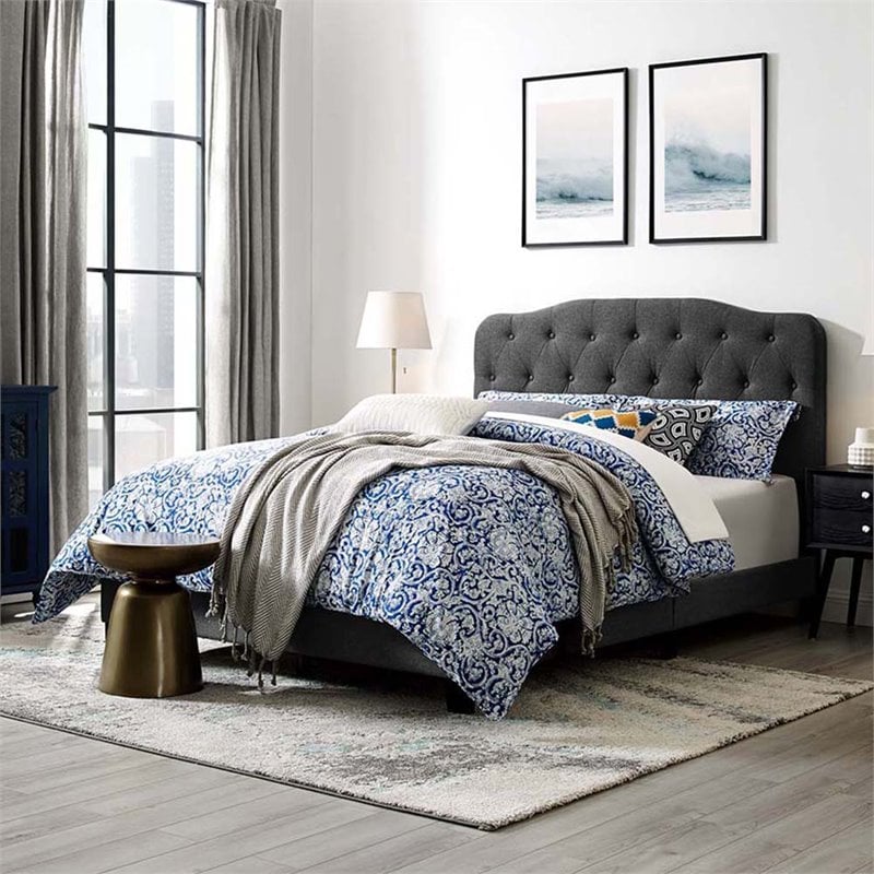 Pemberly Row King Upholstered Polyester Fabric Bed in Gray Finish