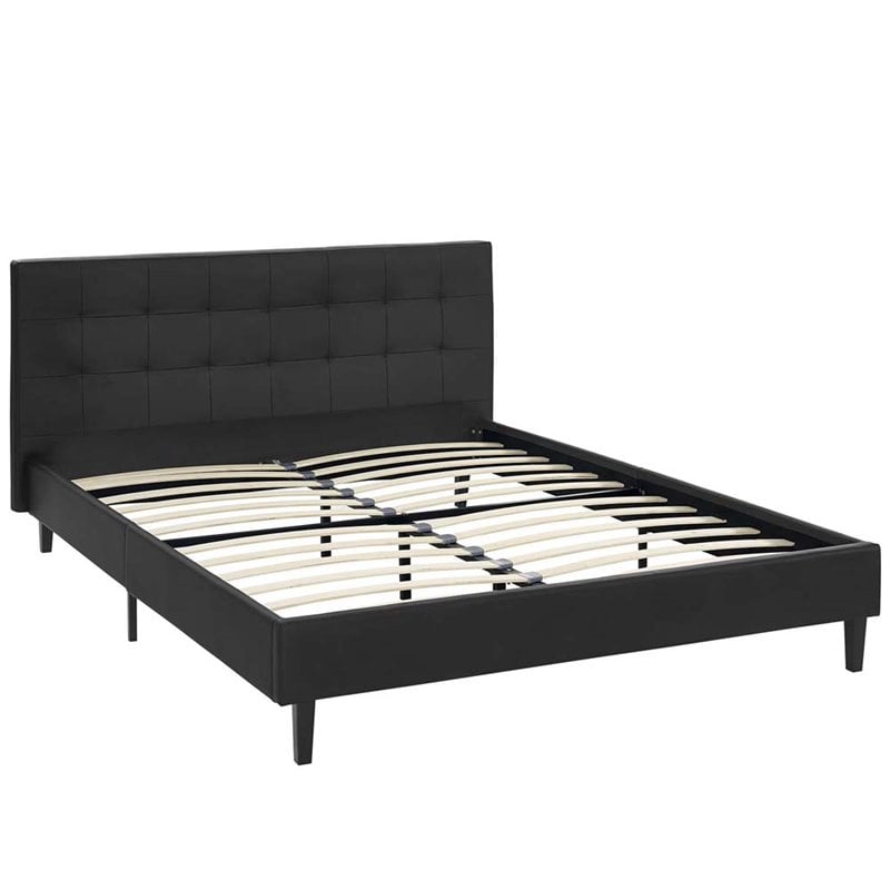 Pemberly Row Full Faux Leather Vinyl and Wood Bed in Black Finish