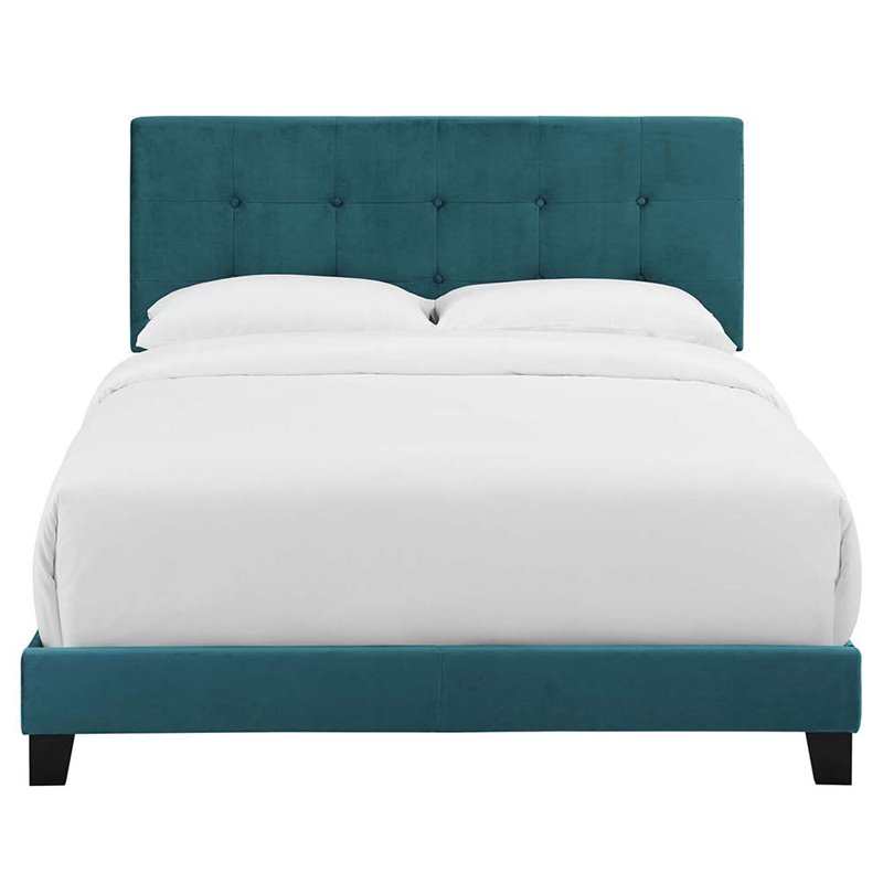 Pemberly Row Full Modern Style Performance Velvet Bed in Sea Blue