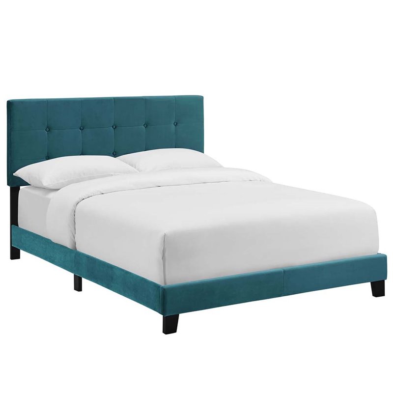 Pemberly Row Full Modern Style Performance Velvet Bed in Sea Blue