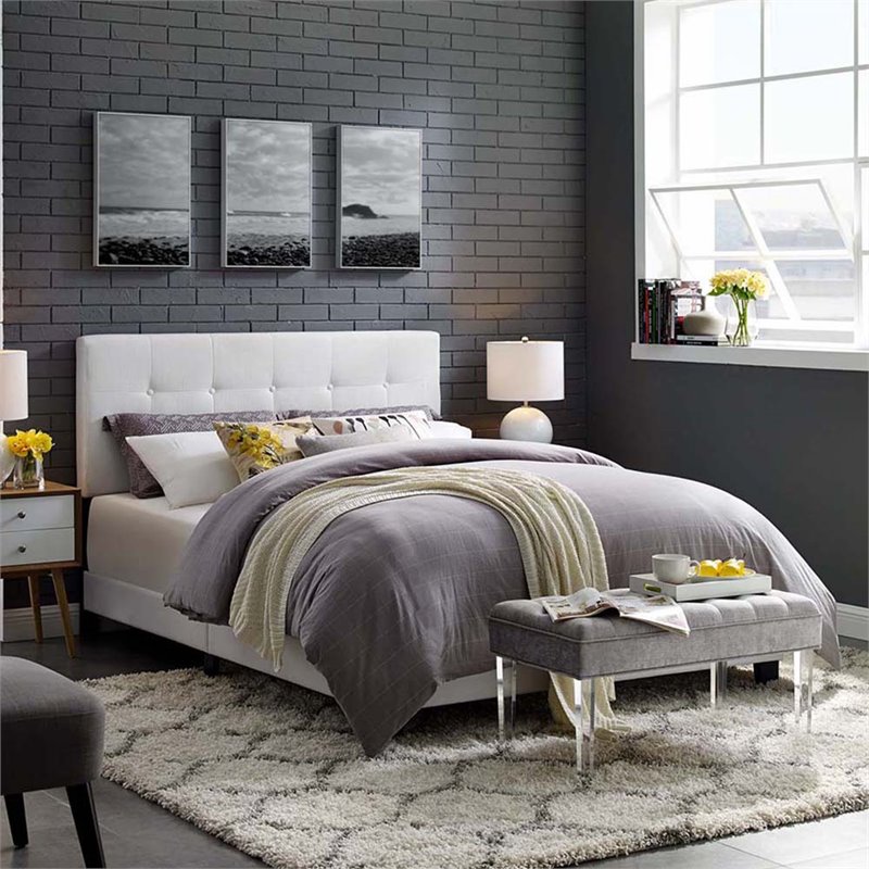 Pemberly Row King Modern Upholstered Polyester Fabric Bed in White