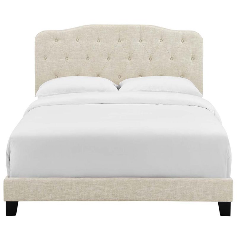 Pemberly Row Queen Upholstered Polyester Fabric Bed in Beige Finish