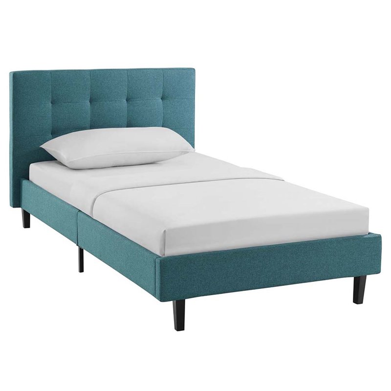 Pemberly Row Twin Modern Polyester Fabric and Wood Bed in Teal Blue
