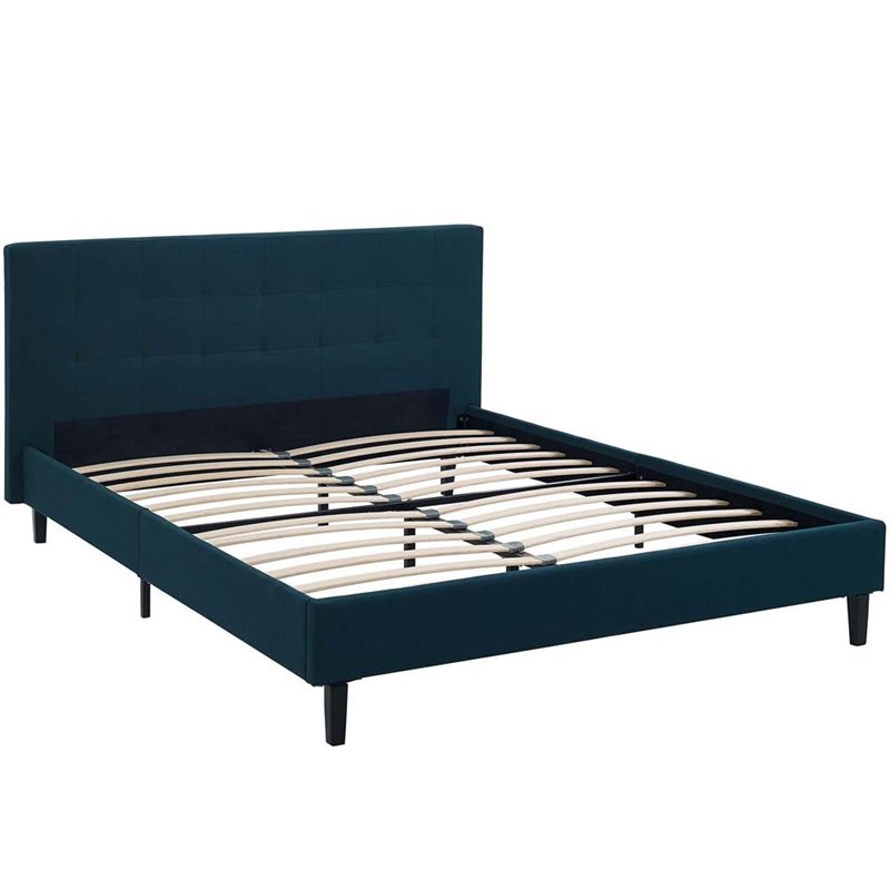 Pemberly Row Full Modern Polyester Fabric and Wood Bed in Azure Blue