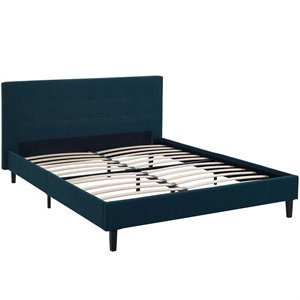 Pemberly Row Full Modern Polyester Fabric and Wood Bed in Azure Blue