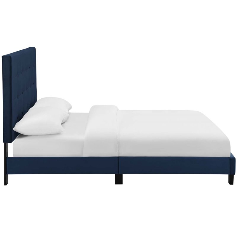 Pemberly Row King Tufted Button Velvet Platform Bed in Midnight Blue