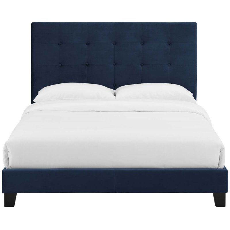 Pemberly Row King Tufted Button Velvet Platform Bed in Midnight Blue