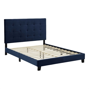 Pemberly Row Queen Tufted Button Velvet Platform Bed in Midnight Blue