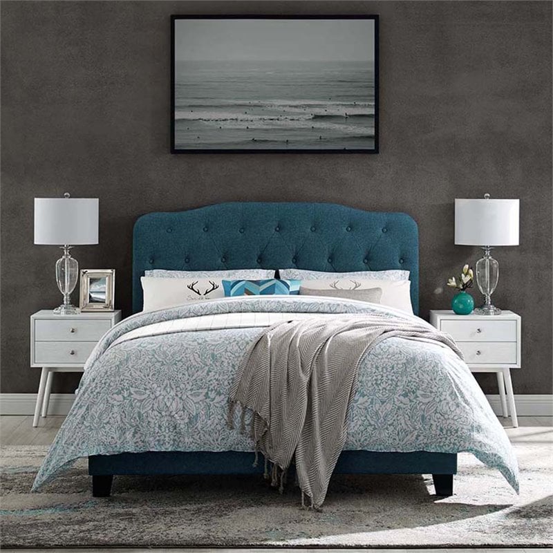 Pemberly Row Full Upholstered Polyester Fabric Bed in Azure Blue Finish