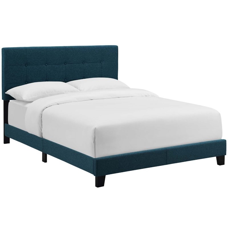 Pemberly Row Twin Modern Upholstered Polyester Fabric Bed in Azure Blue