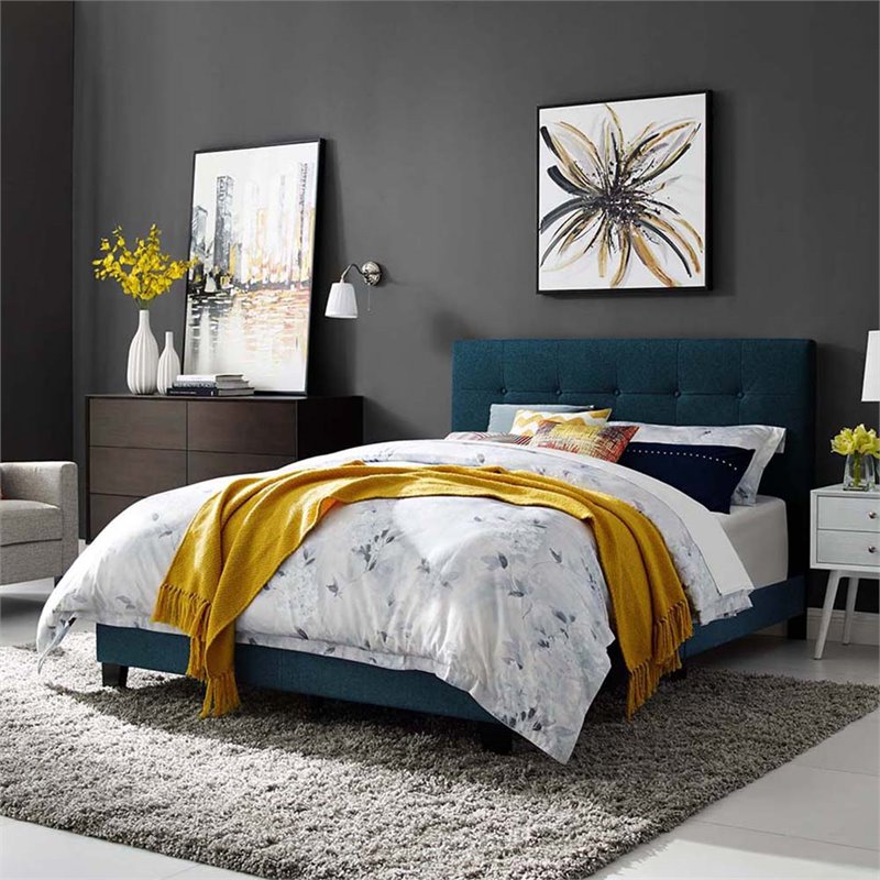 Pemberly Row King Modern Upholstered Polyester Fabric Bed in Azure Blue