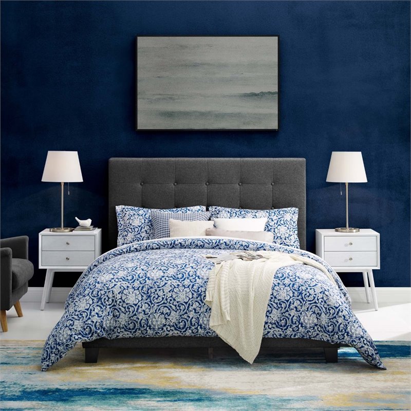Pemberly Row Full Tufted Button Upholstered Fabric Platform Bed in Gray
