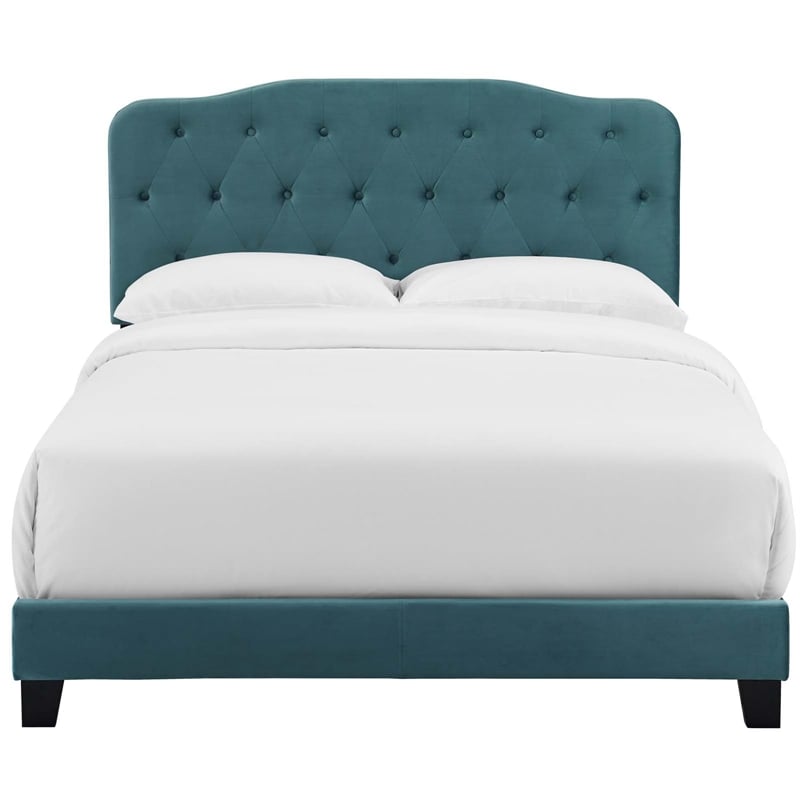 Pemberly Row Twin Modern Style Performance Velvet Bed in Sea Blue Finish