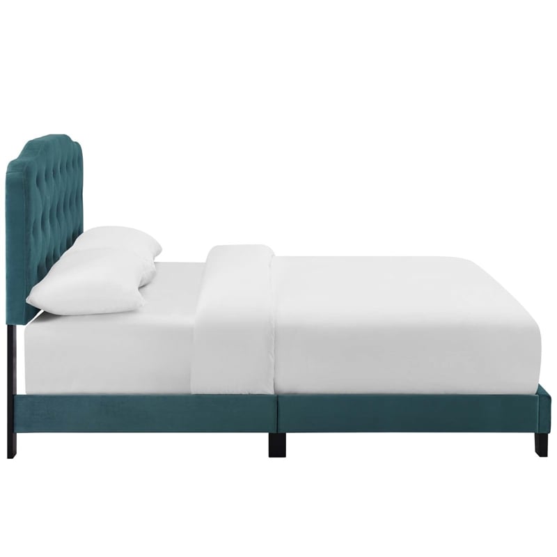 Pemberly Row Twin Modern Style Performance Velvet Bed in Sea Blue Finish