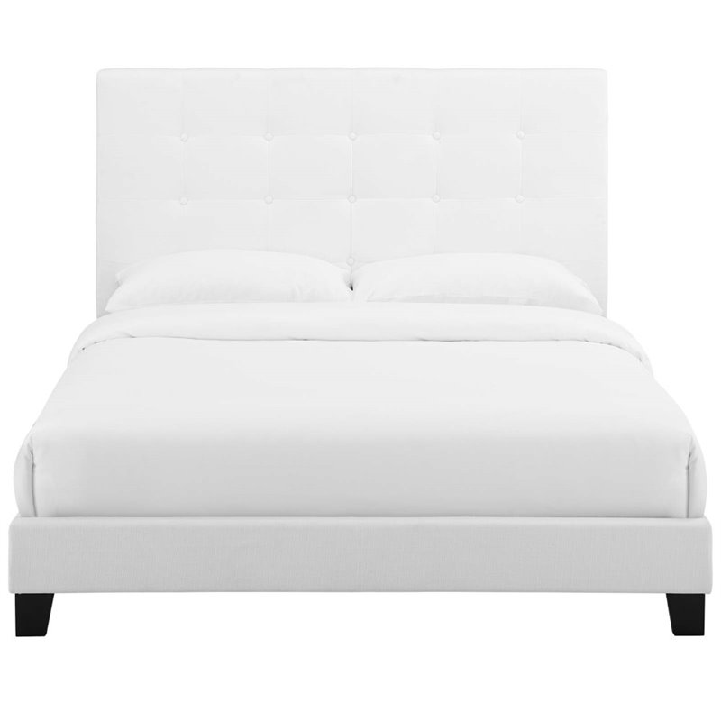 Pemberly Row Full Tufted Button Upholstered Fabric Platform Bed in White