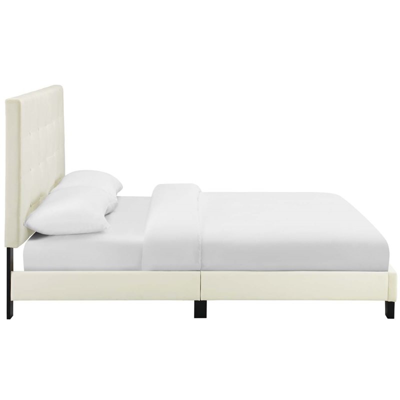 Pemberly Row Full Tufted Button Performance Velvet Platform Bed in Ivory