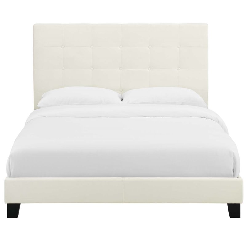 Pemberly Row Full Tufted Button Performance Velvet Platform Bed in Ivory