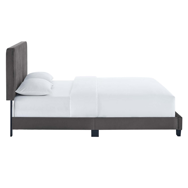 Pemberly Row Channel Tufted Performance Velvet Twin Platform Bed in Gray