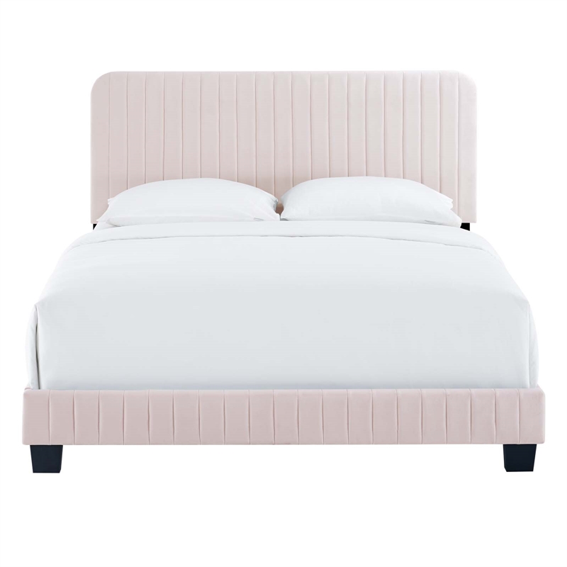 Pemberly Row Channel Tufted Performance Velvet Twin Platform Bed in Pink