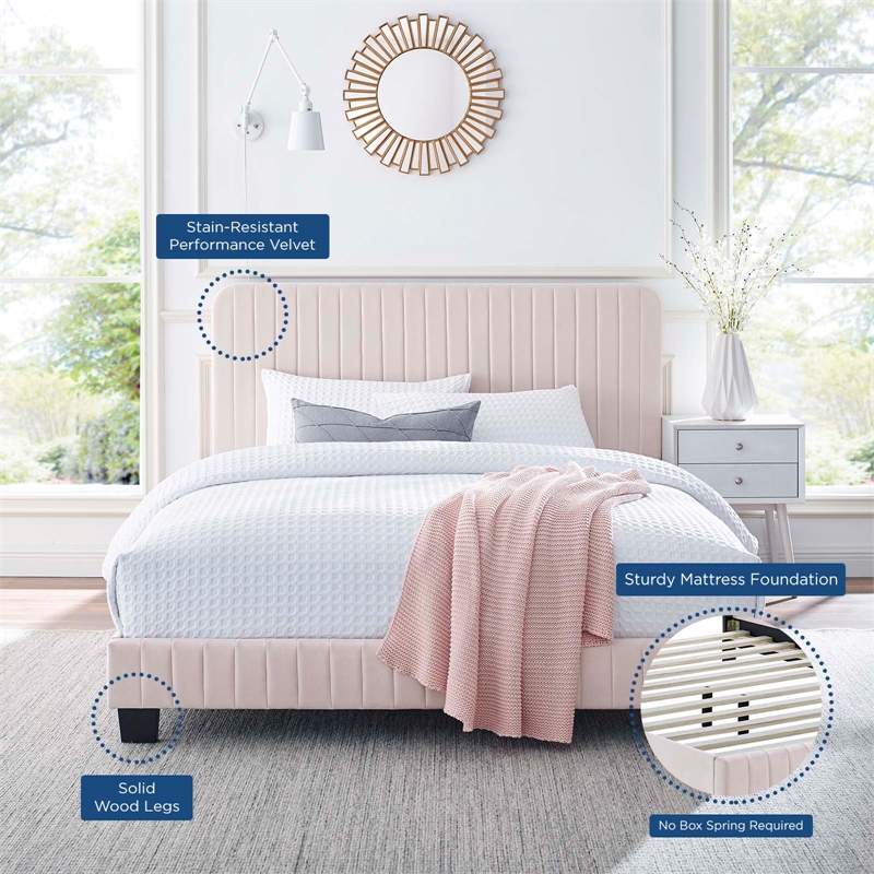 Pemberly Row Channel Tufted Performance Velvet Twin Platform Bed in Pink