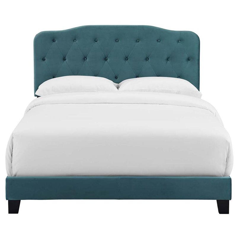 Pemberly Row Queen Modern Performance Velvet Bed in Sea Blue Finish