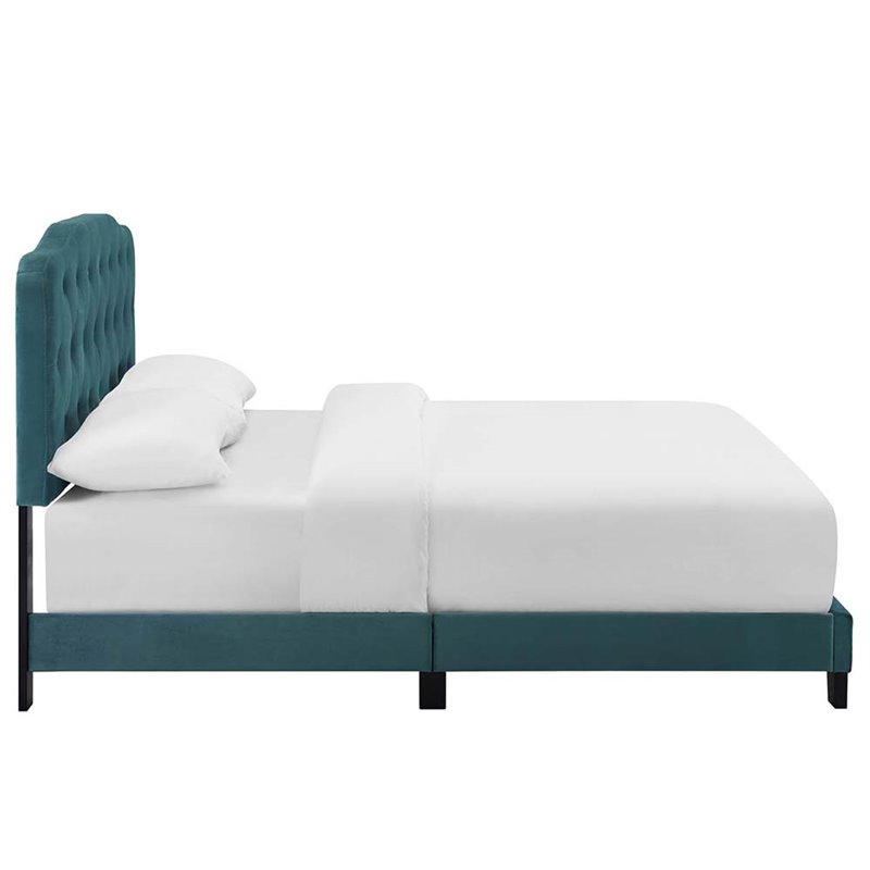 Pemberly Row Queen Modern Performance Velvet Bed in Sea Blue Finish