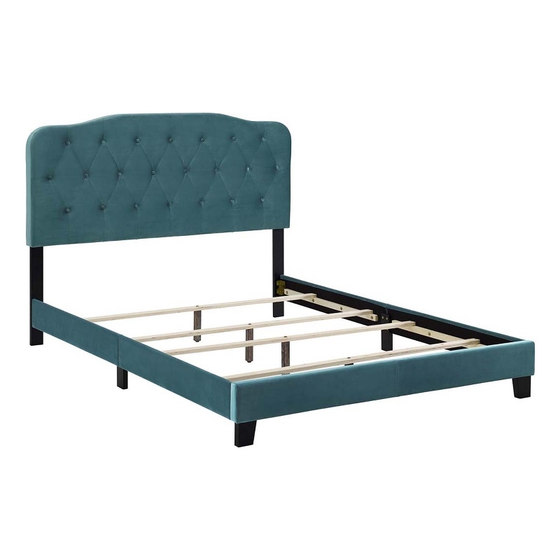 Pemberly Row Queen Modern Performance Velvet Bed in Sea Blue Finish