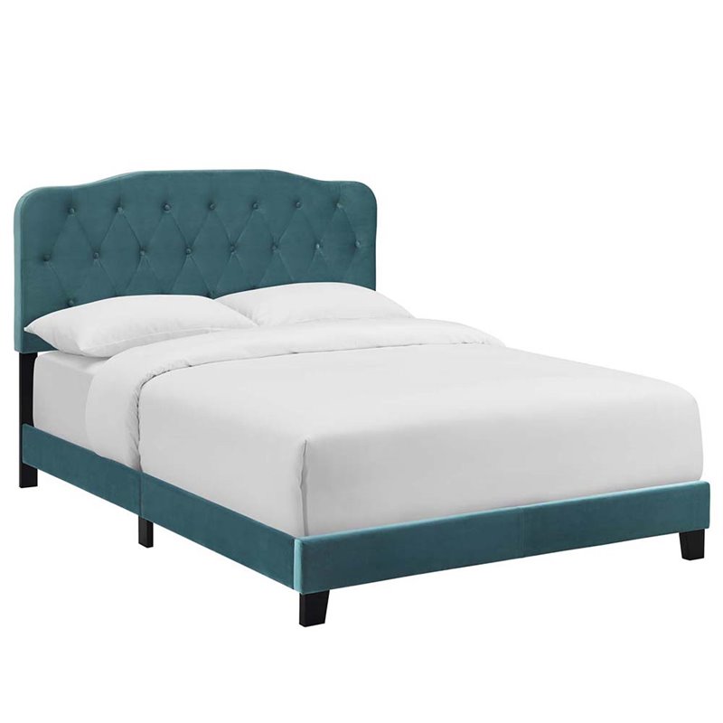 Pemberly Row Queen Modern Performance Velvet Bed in Sea Blue Finish