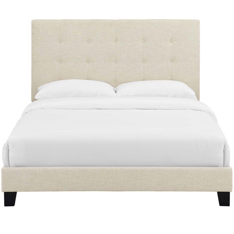 Pemberly Row Queen Tufted Button Upholstered Fabric Platform Bed in Beige