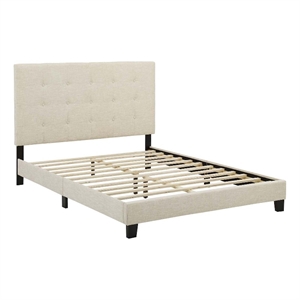 Pemberly Row Queen Tufted Button Upholstered Fabric Platform Bed in Beige