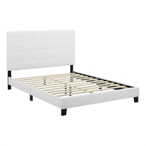 Pemberly Row Queen Tufted Button Upholstered Fabric Platform Bed in White