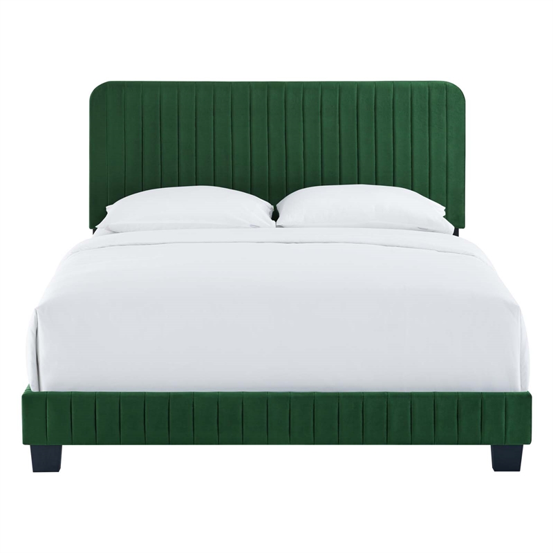 Pemberly Row Channel Tufted Performance Velvet Queen Bed in Emerald Green