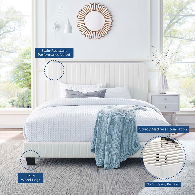 Pemberly Row Channel Tufted Performance Velvet Twin Platform Bed in White