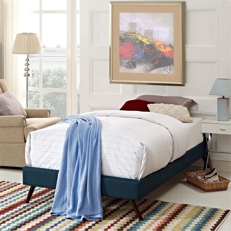 Pemberly Row Fabric Upholstered/Solid Wood Frame Twin Platform Bed in Azure