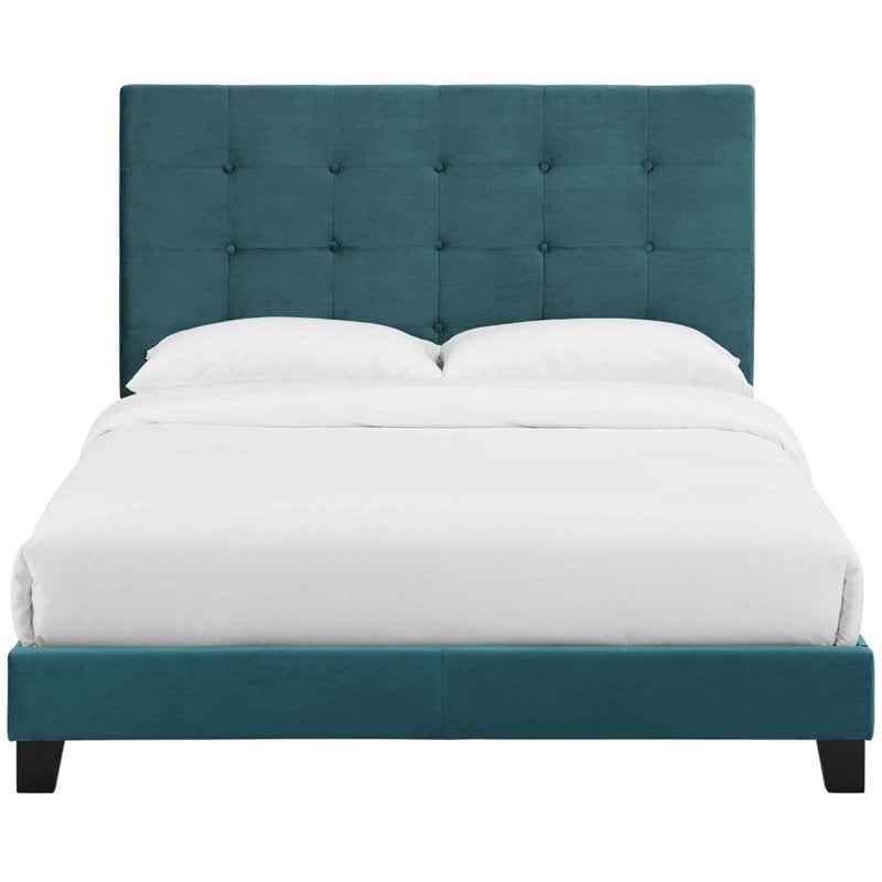 Pemberly Row Full Tufted Button Performance Velvet Platform Bed in Sea Blue