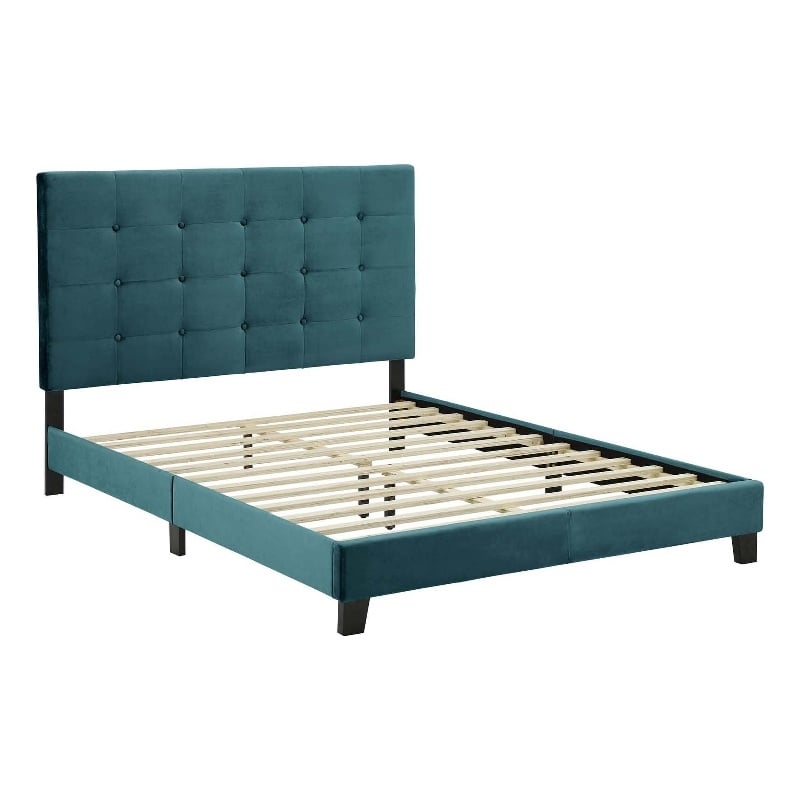 Pemberly Row Full Tufted Button Performance Velvet Platform Bed in Sea Blue