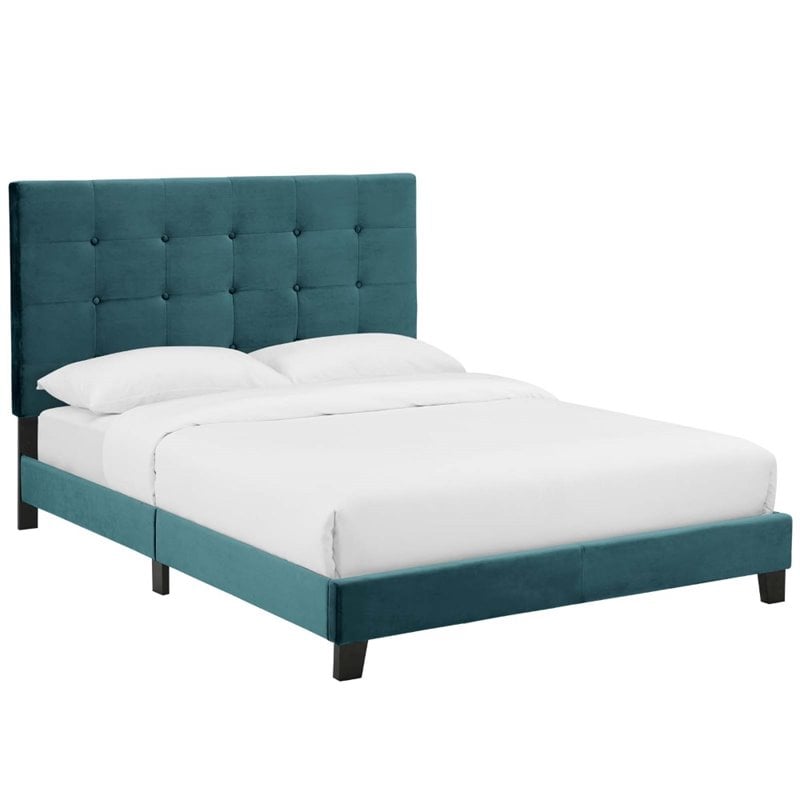 Pemberly Row Full Tufted Button Performance Velvet Platform Bed in Sea Blue