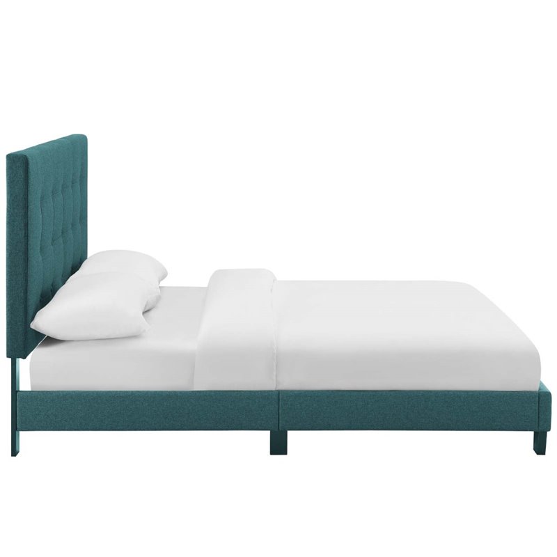Pemberly Row Twin Tufted Button Upholstered Fabric Platform Bed in Teal Blue