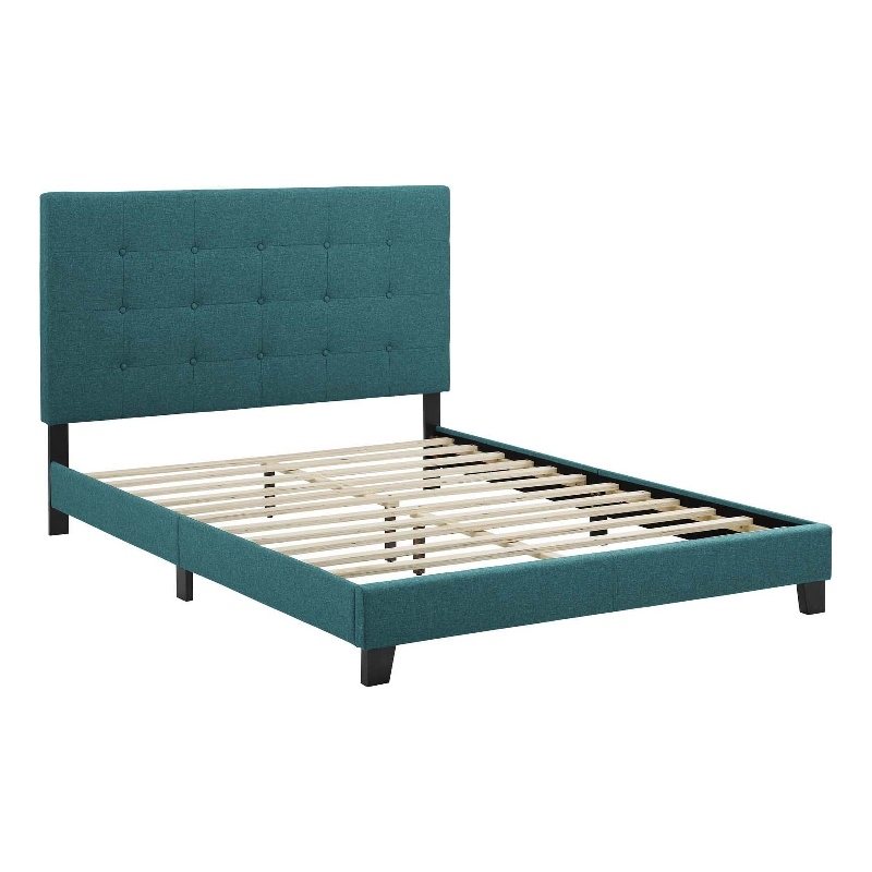 Pemberly Row Twin Tufted Button Upholstered Fabric Platform Bed in Teal Blue