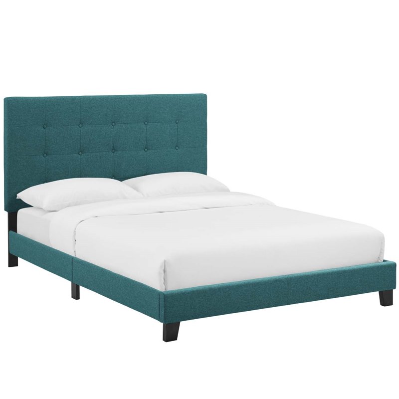 Pemberly Row Twin Tufted Button Upholstered Fabric Platform Bed in Teal Blue