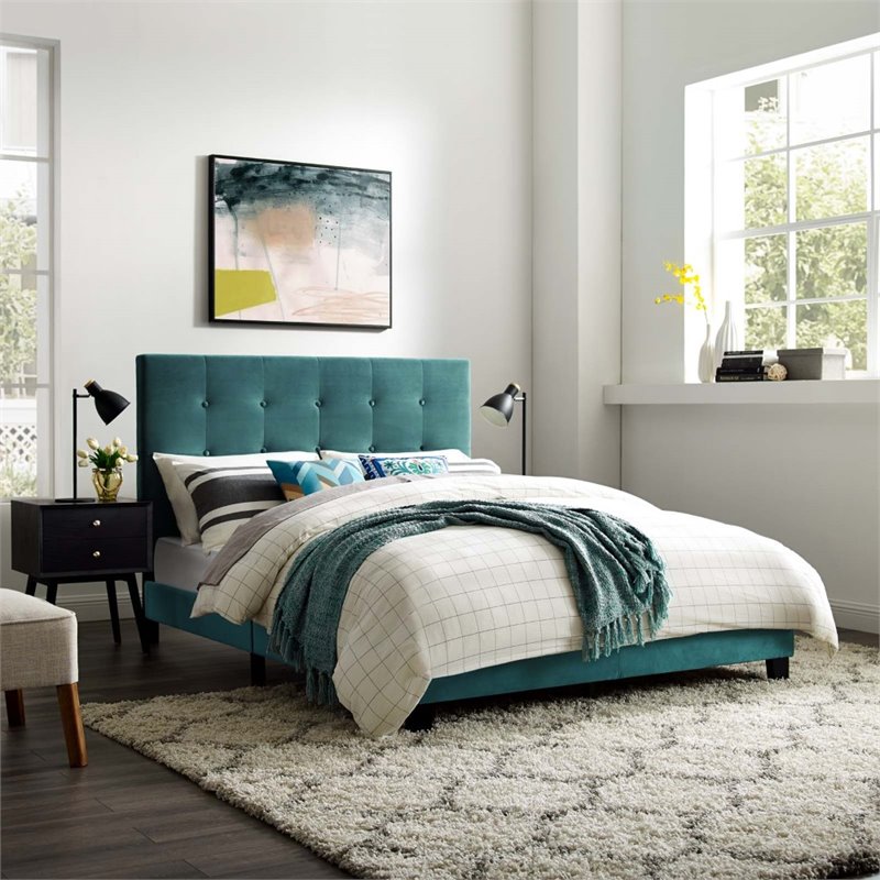Pemberly Row Queen Tufted Button Performance Velvet Platform Bed in Sea Blue