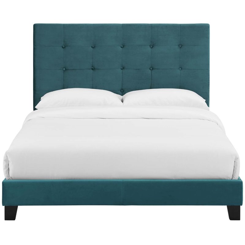 Pemberly Row Queen Tufted Button Performance Velvet Platform Bed in Sea Blue