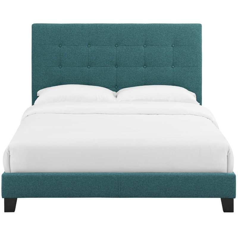 Pemberly Row Queen Tufted Button Upholstered Fabric Platform Bed in Teal Blue