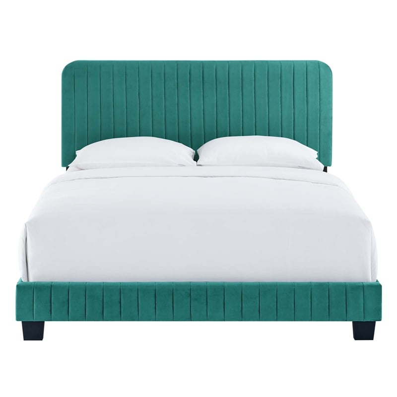 Pemberly Row Channel Tufted Performance Velvet Full Platform Bed in Teal Green