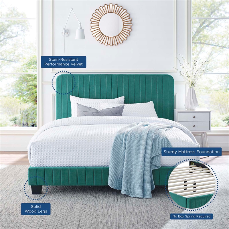 Pemberly Row Channel Tufted Performance Velvet Full Platform Bed in Teal Green