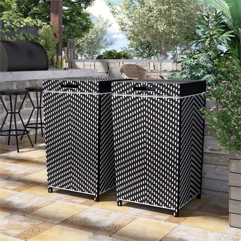 Pemberly Row Contemporary Aluminum Patio Trash Cans in Black (Set of 2)