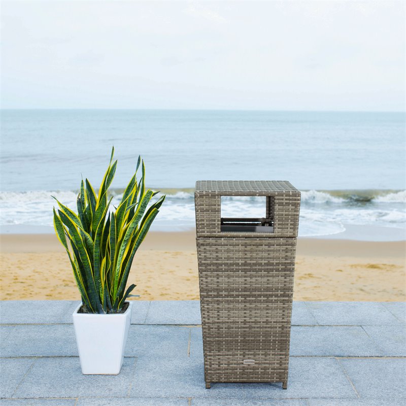 Pemberly Row Coastal Polyester Wicker/Steel Patio Trash Bin in Gray