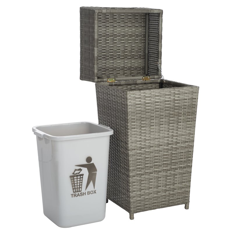 Pemberly Row Coastal Polyester Wicker/Steel Patio Trash Bin in Gray