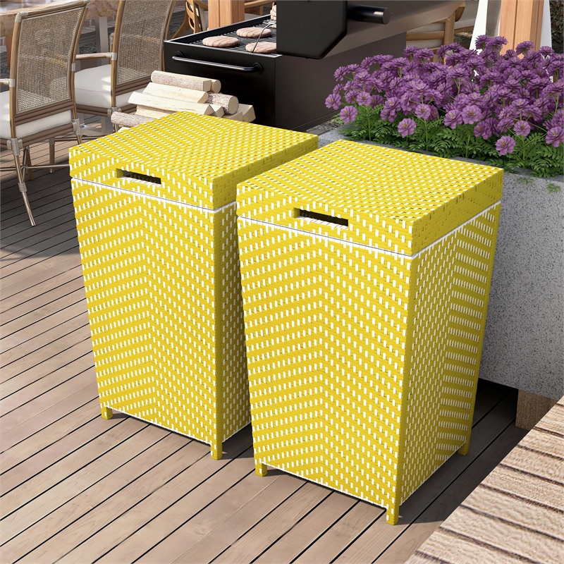 Pemberly Row Contemporary Aluminum Patio Trash Cans in Yellow (Set of 2)