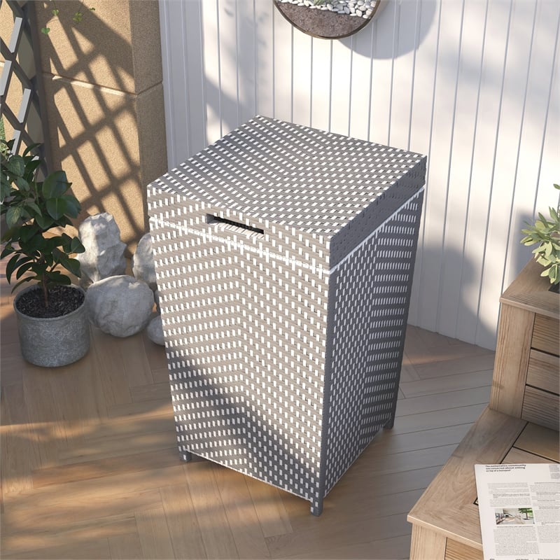Pemberly Row Outdoor Aluminum & Wicker Outdoor Trash Can in Gray